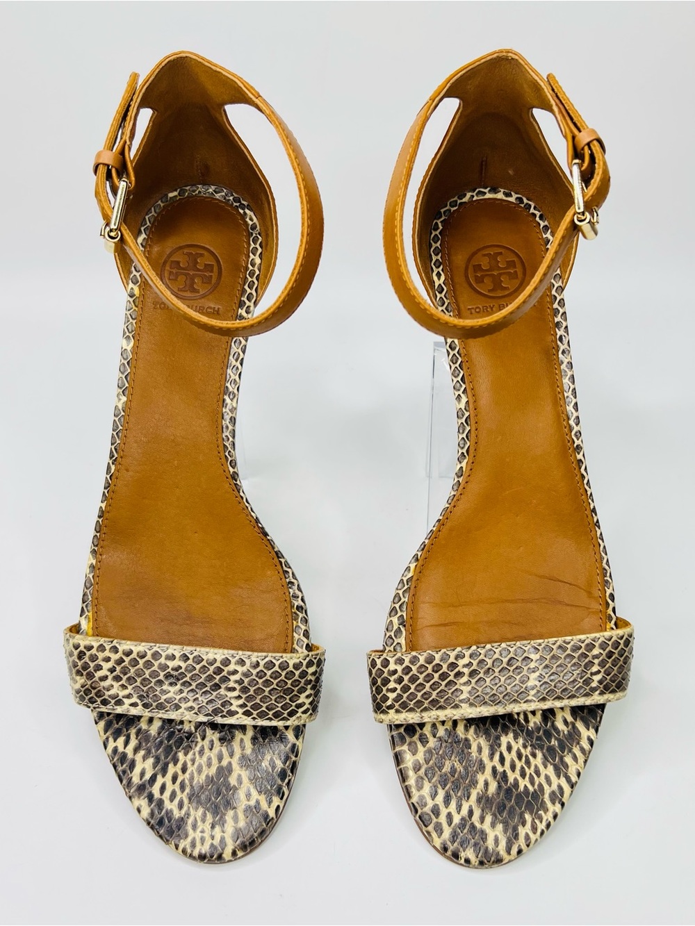 Tory Burch Savannah Snakeskin/Tan Wedge Ankle Strap Sandals Size 11 - Picture 3 of 15